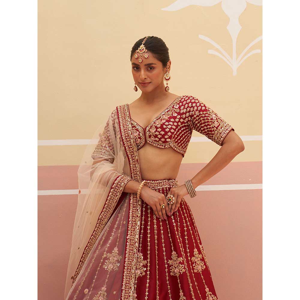 ANGAD SINGH Maroon Raw Silk Lehnga with Blouse & Dupatta (Set of 3)