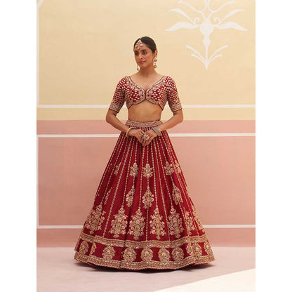 ANGAD SINGH Maroon Raw Silk Lehnga with Blouse & Dupatta (Set of 3)