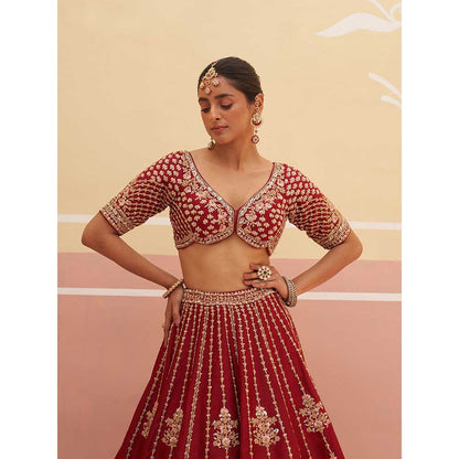 ANGAD SINGH Maroon Raw Silk Lehnga with Blouse & Dupatta (Set of 3)
