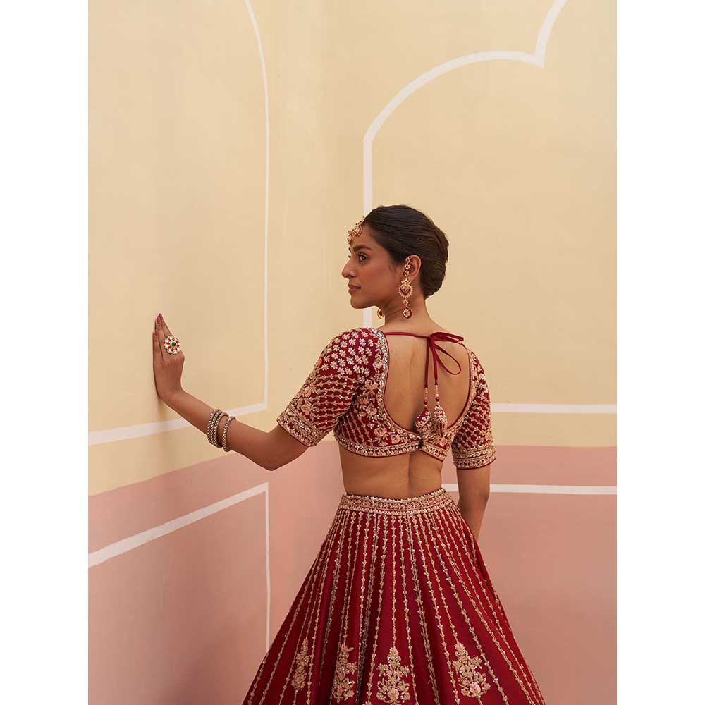 ANGAD SINGH Maroon Raw Silk Lehnga with Blouse & Dupatta (Set of 3)