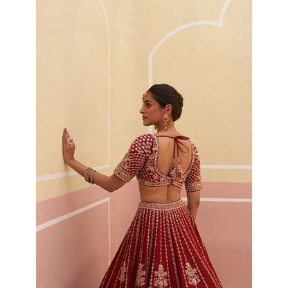 ANGAD SINGH Maroon Raw Silk Lehnga with Blouse & Dupatta (Set of 3)
