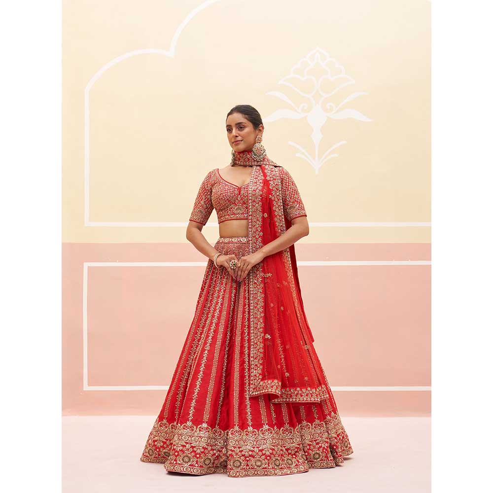 ANGAD SINGH Red Raw Silk Lehnga with Blouse & Dupatta (Set of 3)