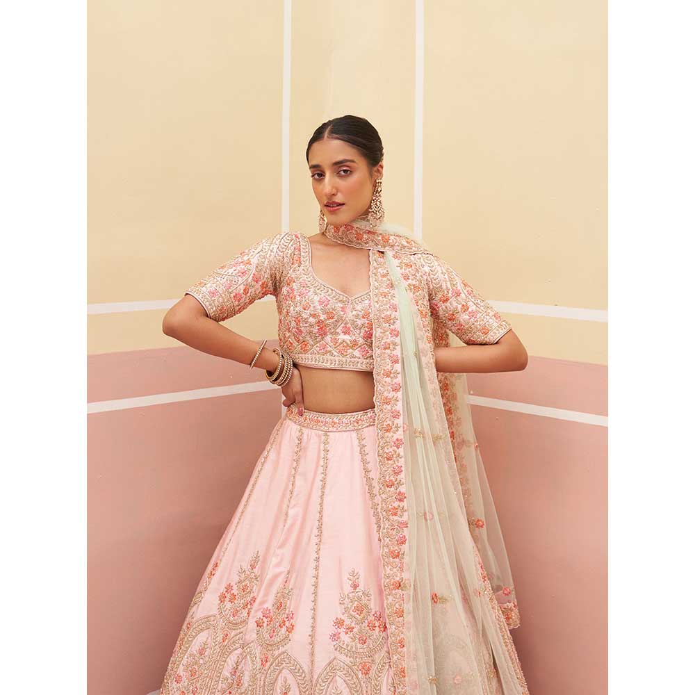 ANGAD SINGH Pink Raw Silk Lehnga with Blouse & Dupatta (Set of 3)