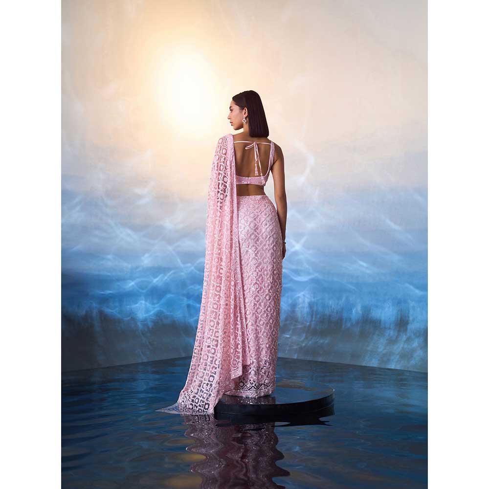 ANGAD SINGH Pink Net Saree with Stitched Blouse and Petticoat