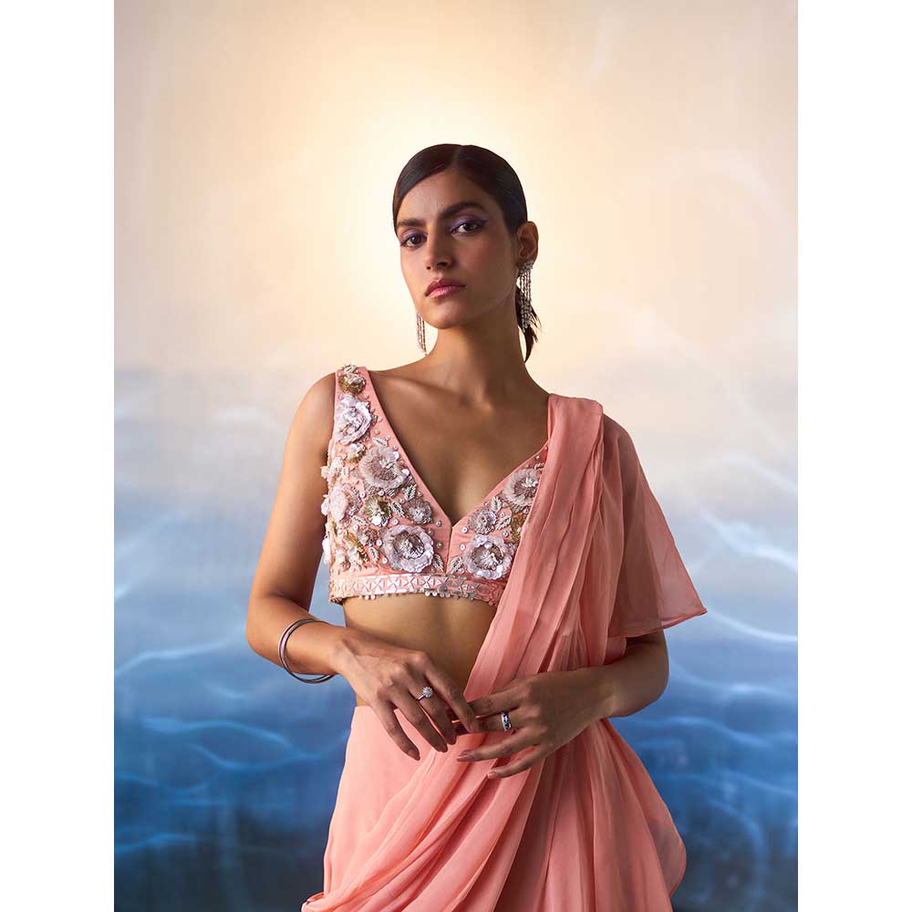 ANGAD SINGH Peach Georgette Drape Saree with Stitched Blouse