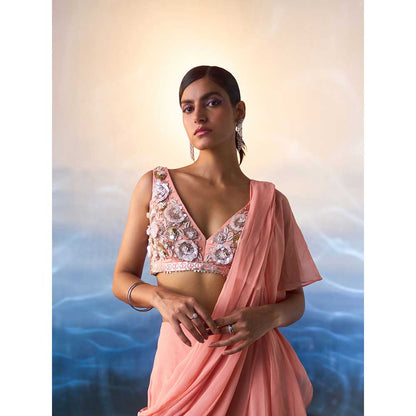 ANGAD SINGH Peach Georgette Drape Saree with Stitched Blouse