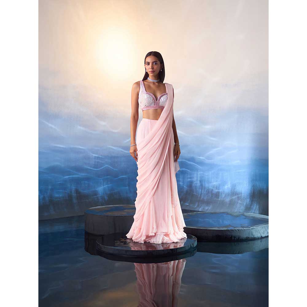 ANGAD SINGH Powder Pink Georgette Drape Saree with Stitched Blouse
