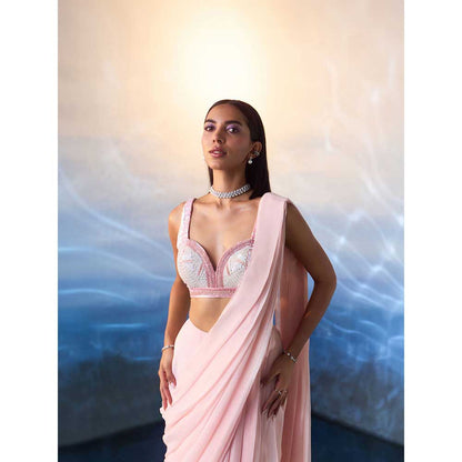 ANGAD SINGH Powder Pink Georgette Drape Saree with Stitched Blouse
