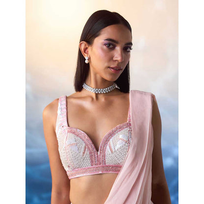 ANGAD SINGH Powder Pink Georgette Drape Saree with Stitched Blouse