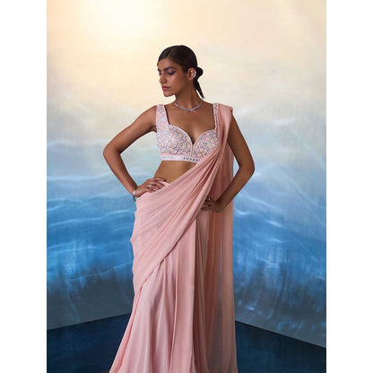ANGAD SINGH Dusty Peach Georgette Drape Saree with Stitched Blouse