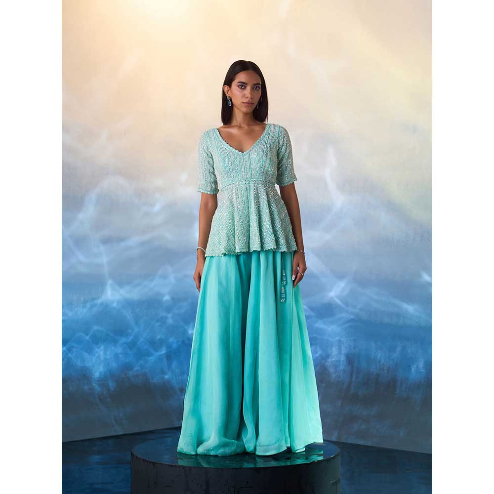 ANGAD SINGH Mint Green Peplum Organza Kurti with Sharara (Set of 2)