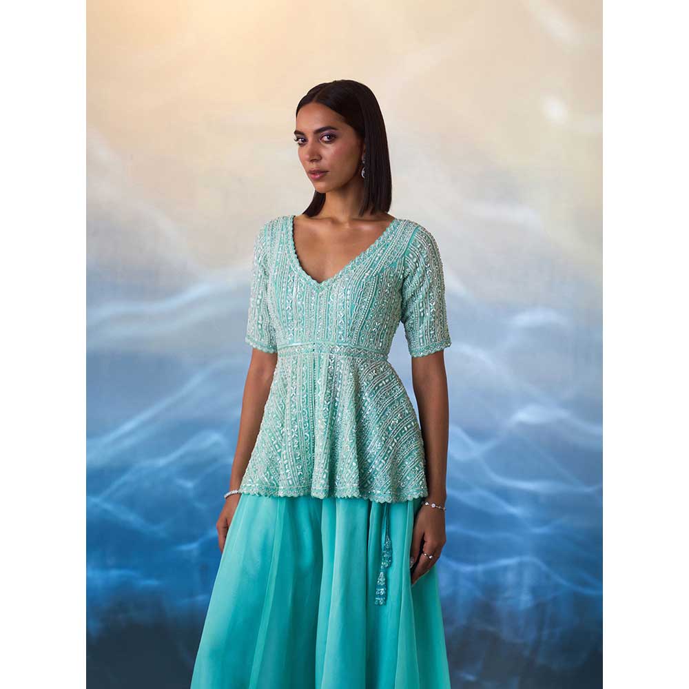 ANGAD SINGH Mint Green Peplum Organza Kurti with Sharara (Set of 2)
