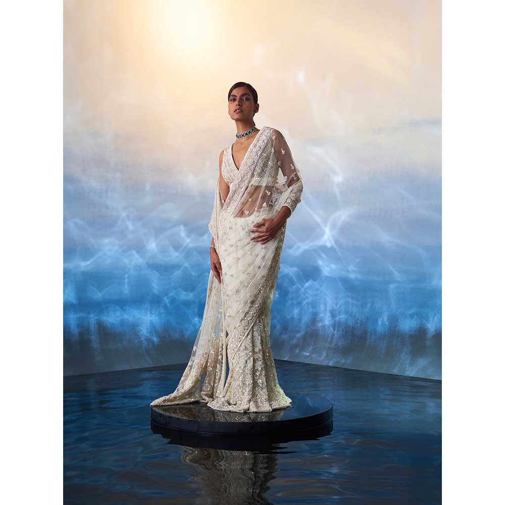 ANGAD SINGH Ivory Net Saree with Stitched Blouse and Petticoat
