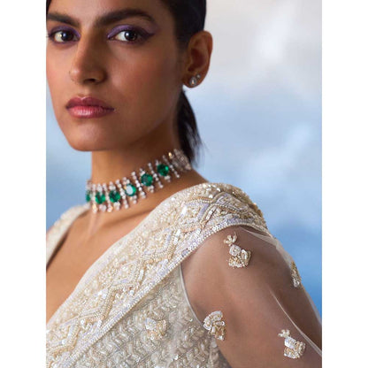 ANGAD SINGH Ivory Net Saree with Stitched Blouse and Petticoat