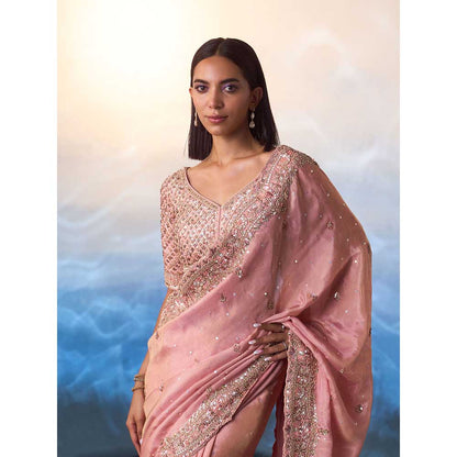 ANGAD SINGH Peach Tissue Saree with Stitched Blouse and Petticoat