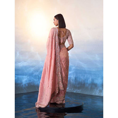 ANGAD SINGH Peach Tissue Saree with Stitched Blouse and Petticoat