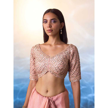 ANGAD SINGH Peach Tissue Saree with Stitched Blouse and Petticoat