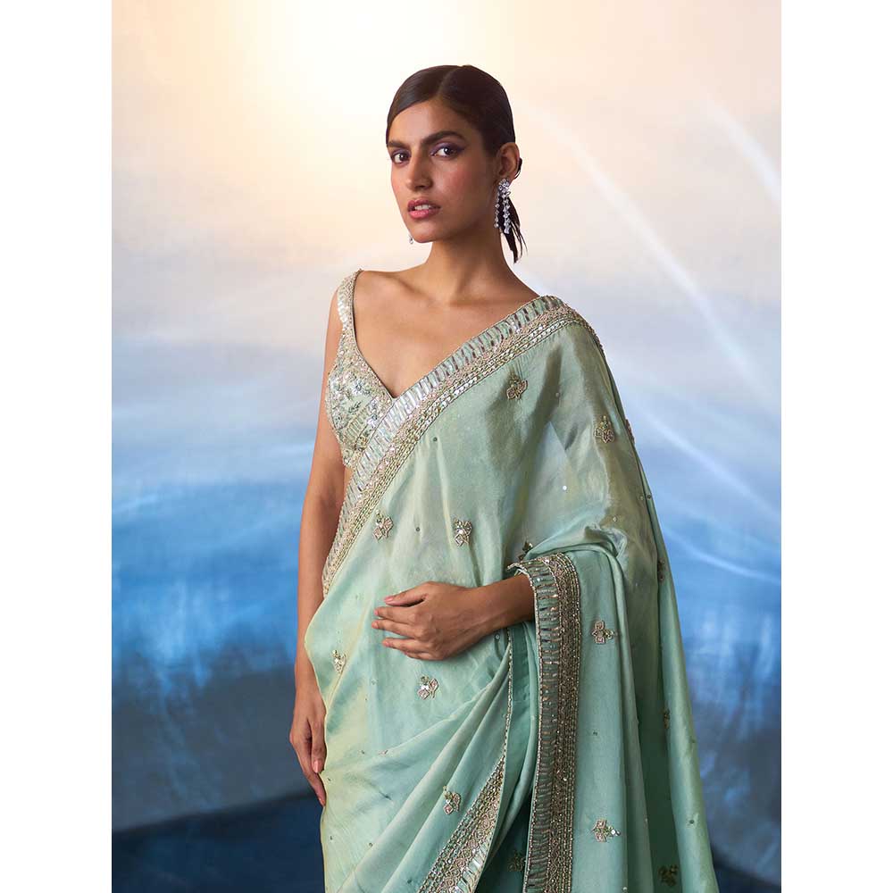ANGAD SINGH Seafoam Green Tissue Saree with Stitched Blouse and Petticoat