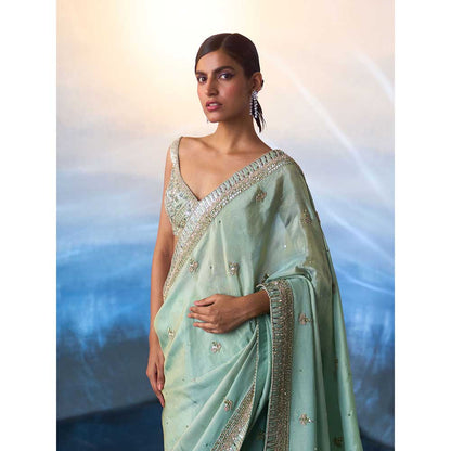 ANGAD SINGH Seafoam Green Tissue Saree with Stitched Blouse and Petticoat