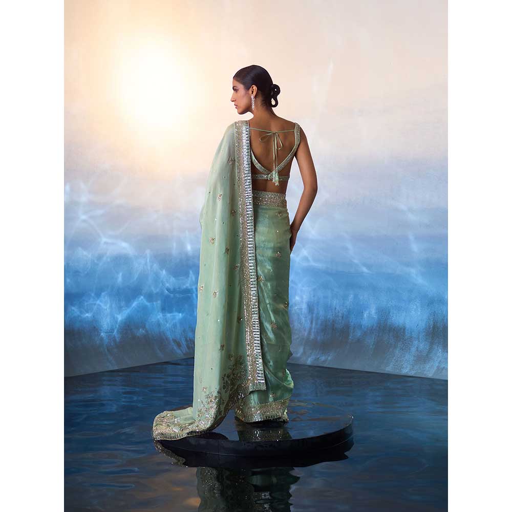 ANGAD SINGH Seafoam Green Tissue Saree with Stitched Blouse and Petticoat