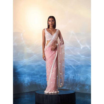 ANGAD SINGH Blush Pink Net Saree with Stitched Blouse and Petticoat