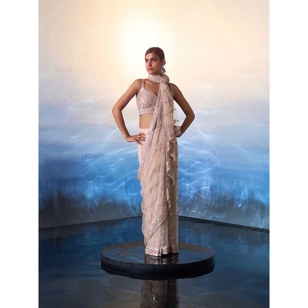 ANGAD SINGH Rose Gold Net Saree with Stitched Blouse and Petticoat