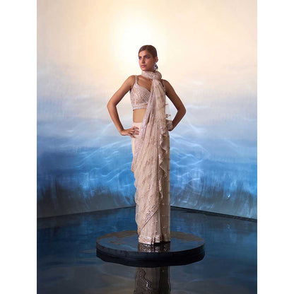 ANGAD SINGH Rose Gold Net Saree with Stitched Blouse and Petticoat
