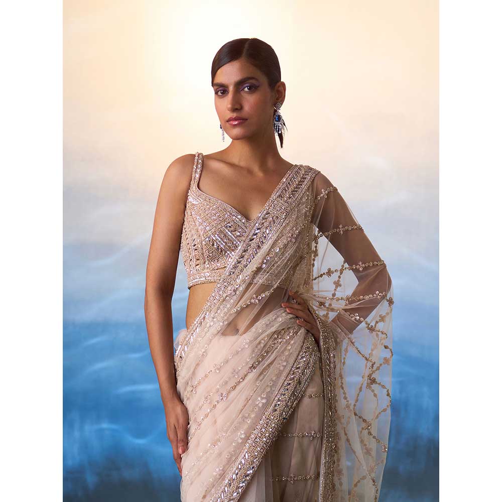 ANGAD SINGH Rose Gold Net Saree with Stitched Blouse and Petticoat