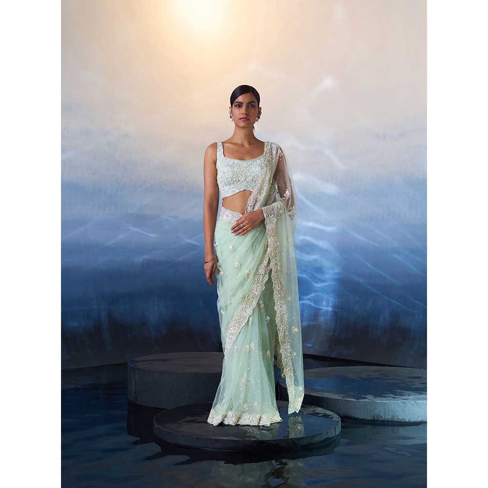 ANGAD SINGH Ice Blue Net Saree with Stitched Blouse and Petticoat