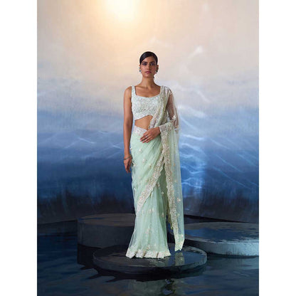 ANGAD SINGH Ice Blue Net Saree with Stitched Blouse and Petticoat