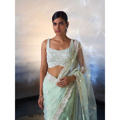 ANGAD SINGH Ice Blue Net Saree with Stitched Blouse and Petticoat
