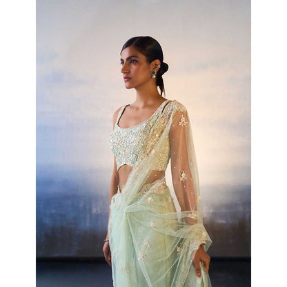 ANGAD SINGH Ice Blue Net Saree with Stitched Blouse and Petticoat