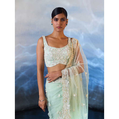 ANGAD SINGH Ice Blue Net Saree with Stitched Blouse and Petticoat