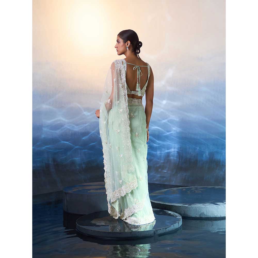 ANGAD SINGH Ice Blue Net Saree with Stitched Blouse and Petticoat