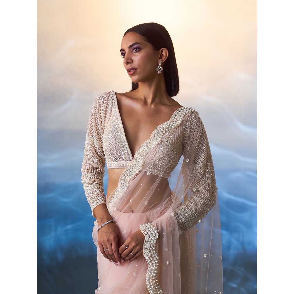 ANGAD SINGH Light Peach Net Saree with Stitched Blouse and Petticoat
