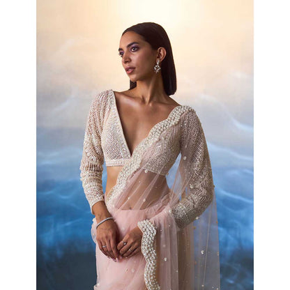 ANGAD SINGH Light Peach Net Saree with Stitched Blouse and Petticoat