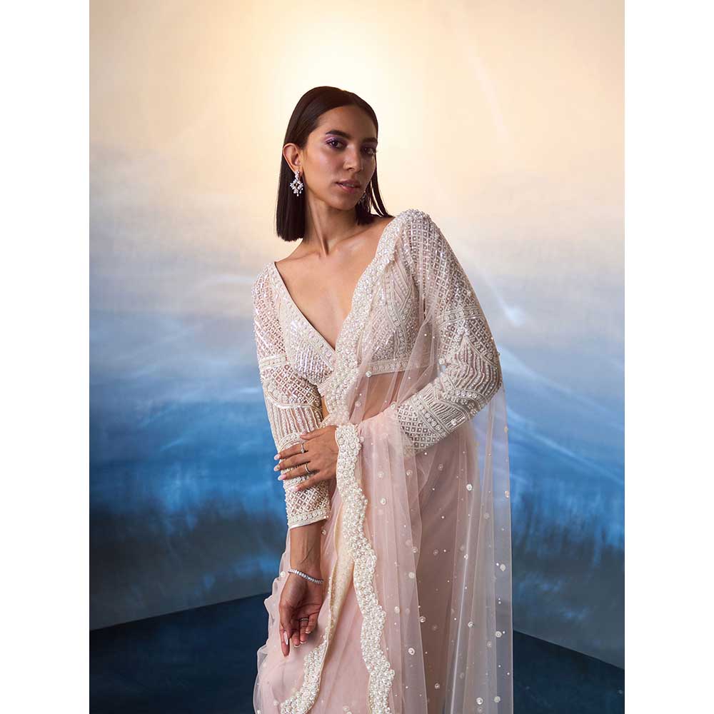 ANGAD SINGH Light Peach Net Saree with Stitched Blouse and Petticoat