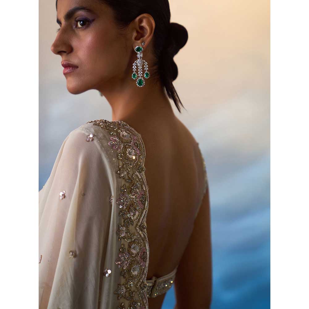 ANGAD SINGH Ivory Gear Saree with Stitched Blouse and Petticoat