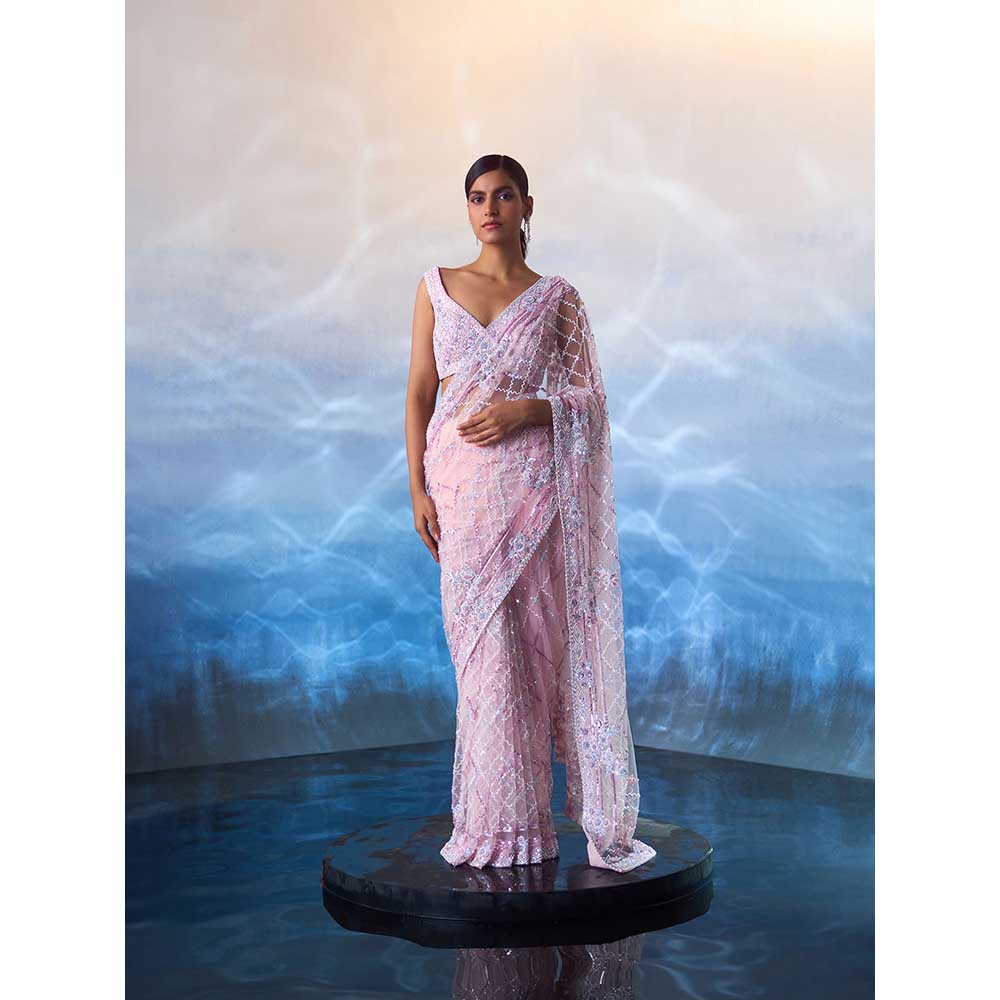 ANGAD SINGH Blush Pink Net Saree with Stitched Blouse and Petticoat