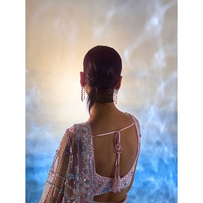 ANGAD SINGH Blush Pink Net Saree with Stitched Blouse and Petticoat