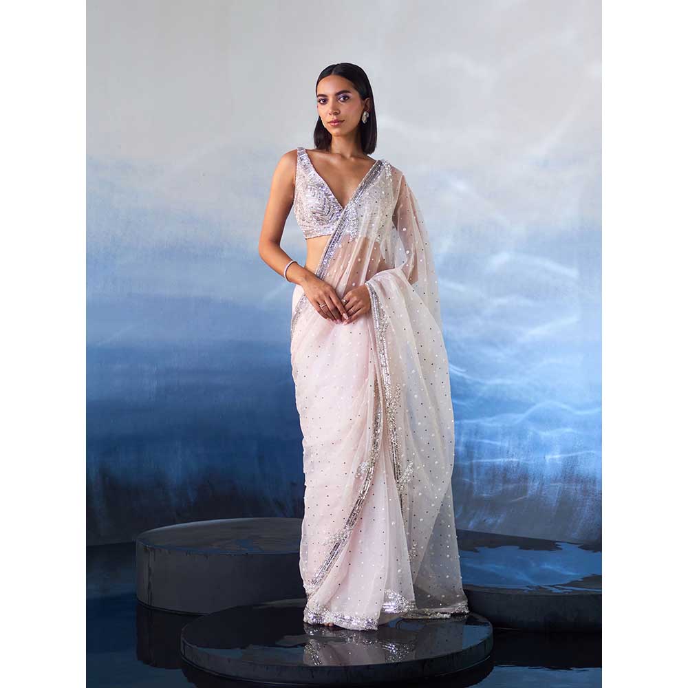ANGAD SINGH Pink Organza Saree with Stitched Blouse and Petticoat