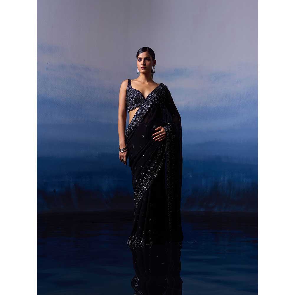 ANGAD SINGH Black Gear Saree with Stitched Blouse and Petticoat