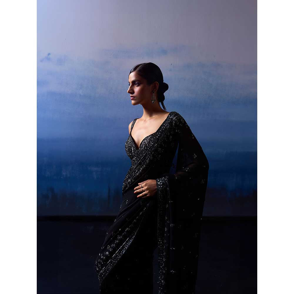 ANGAD SINGH Black Gear Saree with Stitched Blouse and Petticoat