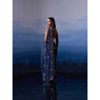 ANGAD SINGH Grey Net Saree with Stitched Blouse and Petticoat