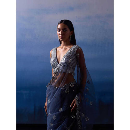 ANGAD SINGH Grey Net Saree with Stitched Blouse and Petticoat