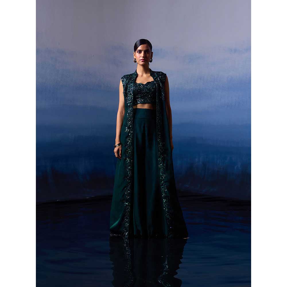 ANGAD SINGH Forest Green Organza Top with Jacket and Sharara (Set of 3)