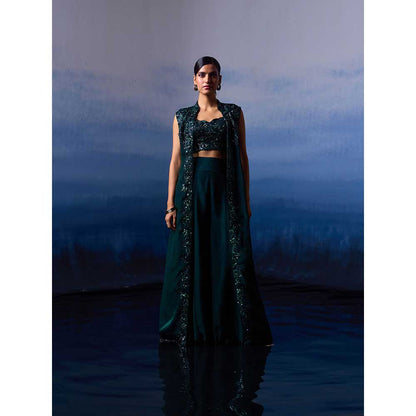 ANGAD SINGH Forest Green Organza Top with Jacket and Sharara (Set of 3)