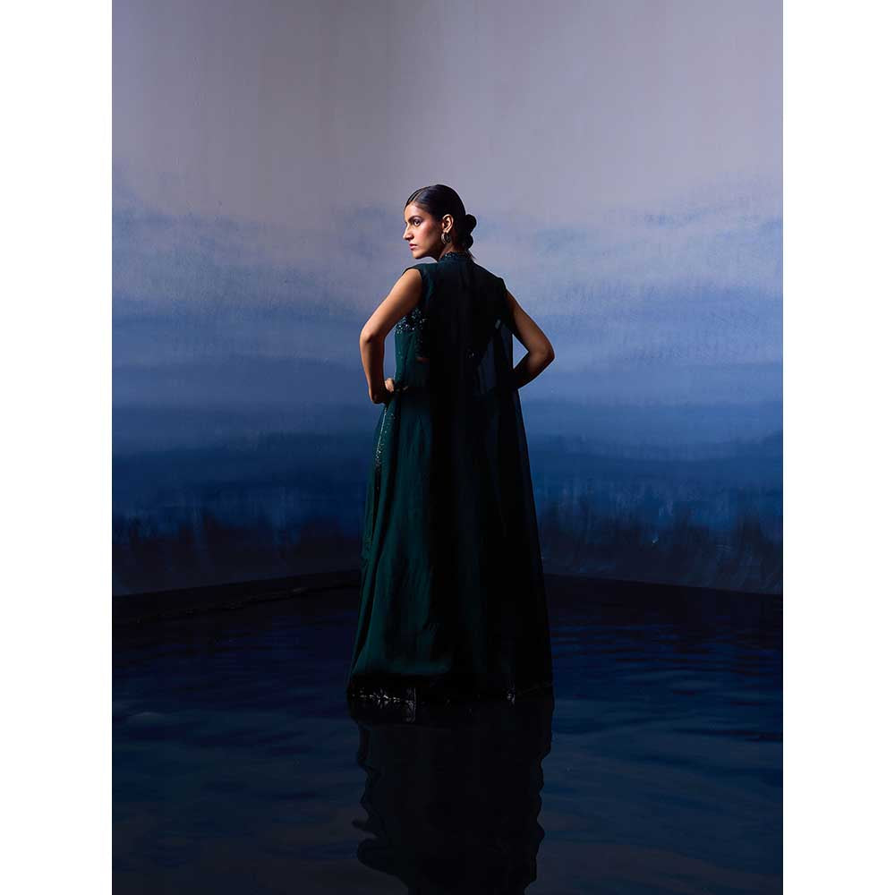 ANGAD SINGH Forest Green Organza Top with Jacket and Sharara (Set of 3)