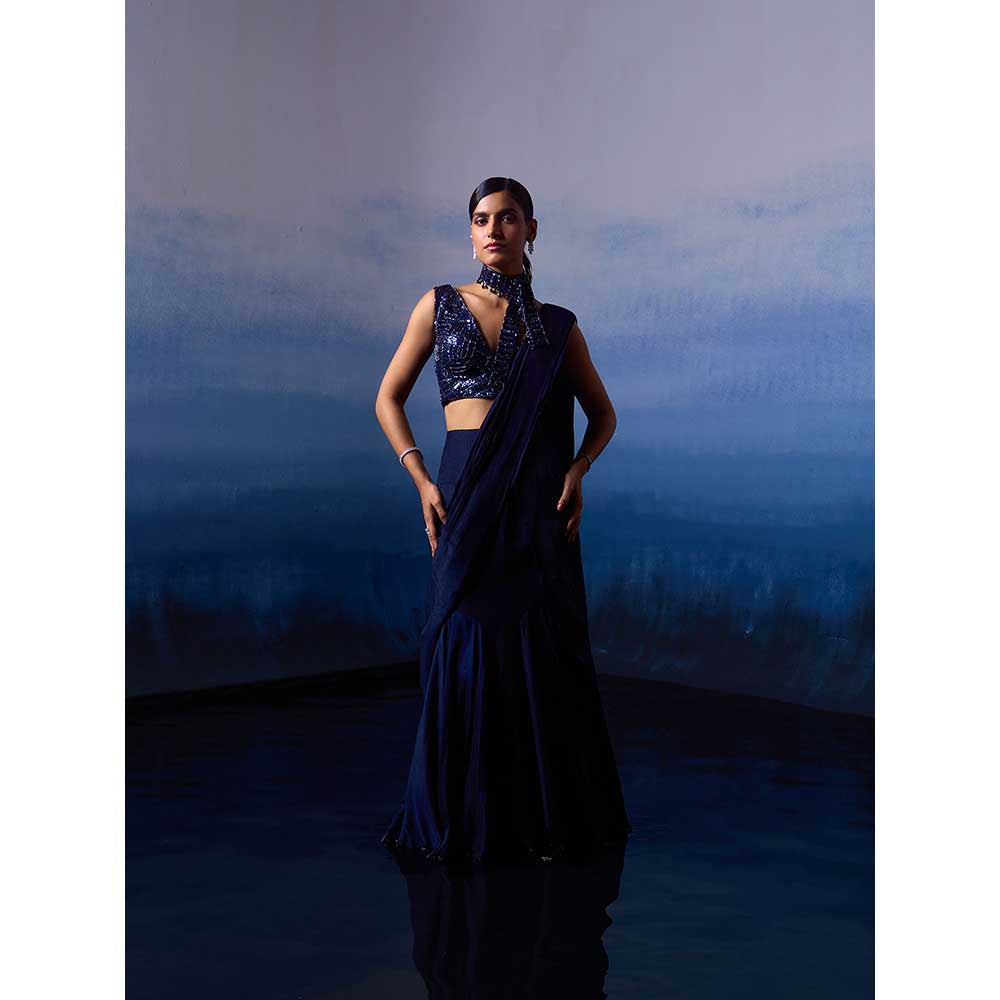 ANGAD SINGH Midnight Blue Silk Drape Saree with Stitched Blouse & Belt