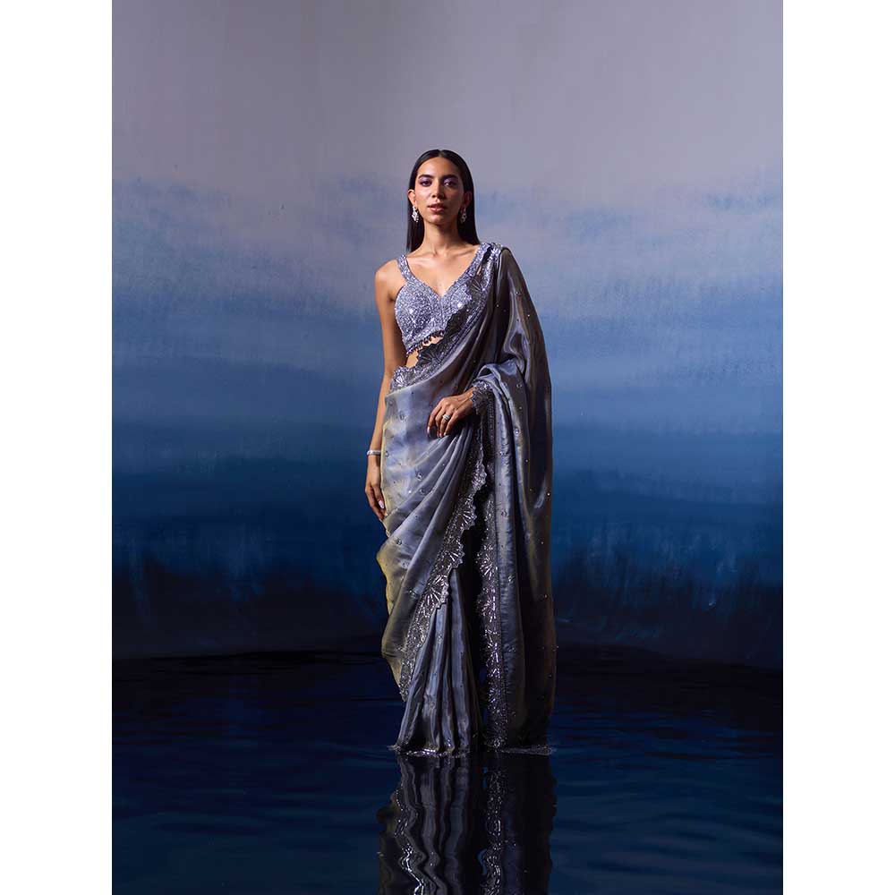 ANGAD SINGH Metallic Grey Tissue Saree with Stitched Blouse and Petticoat